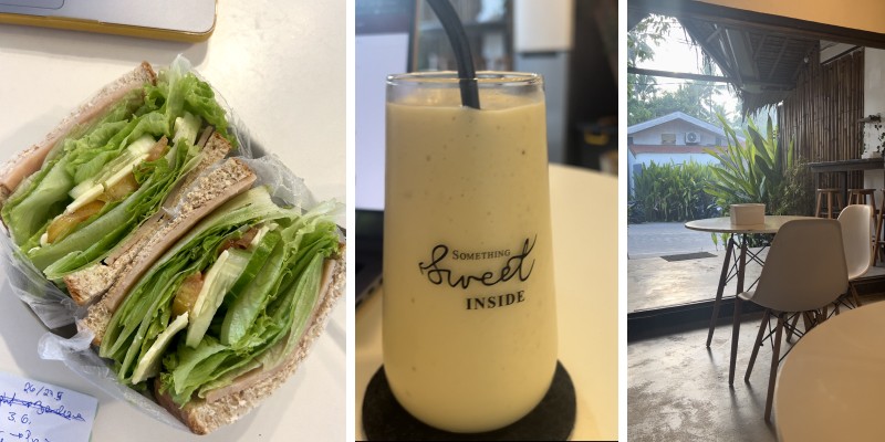 3 images of a sandwich, Mango Smoothie and view from the shop towards the road