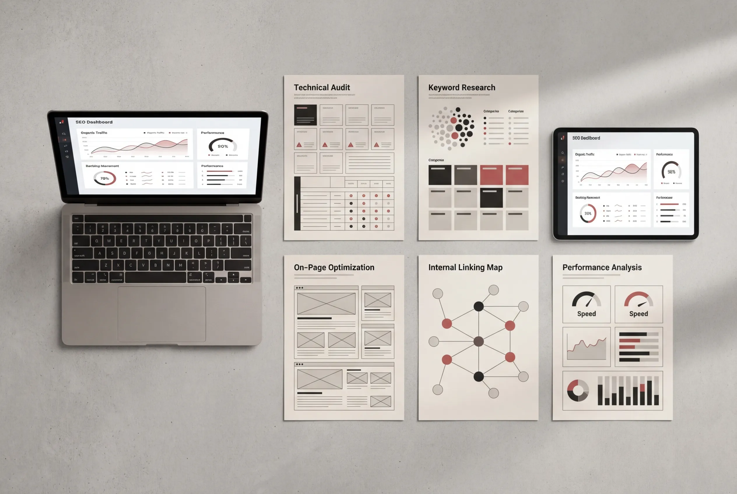 Laptop and tablet with marketing charts and documents; RockN' Socials, Digital Marketing Agency.