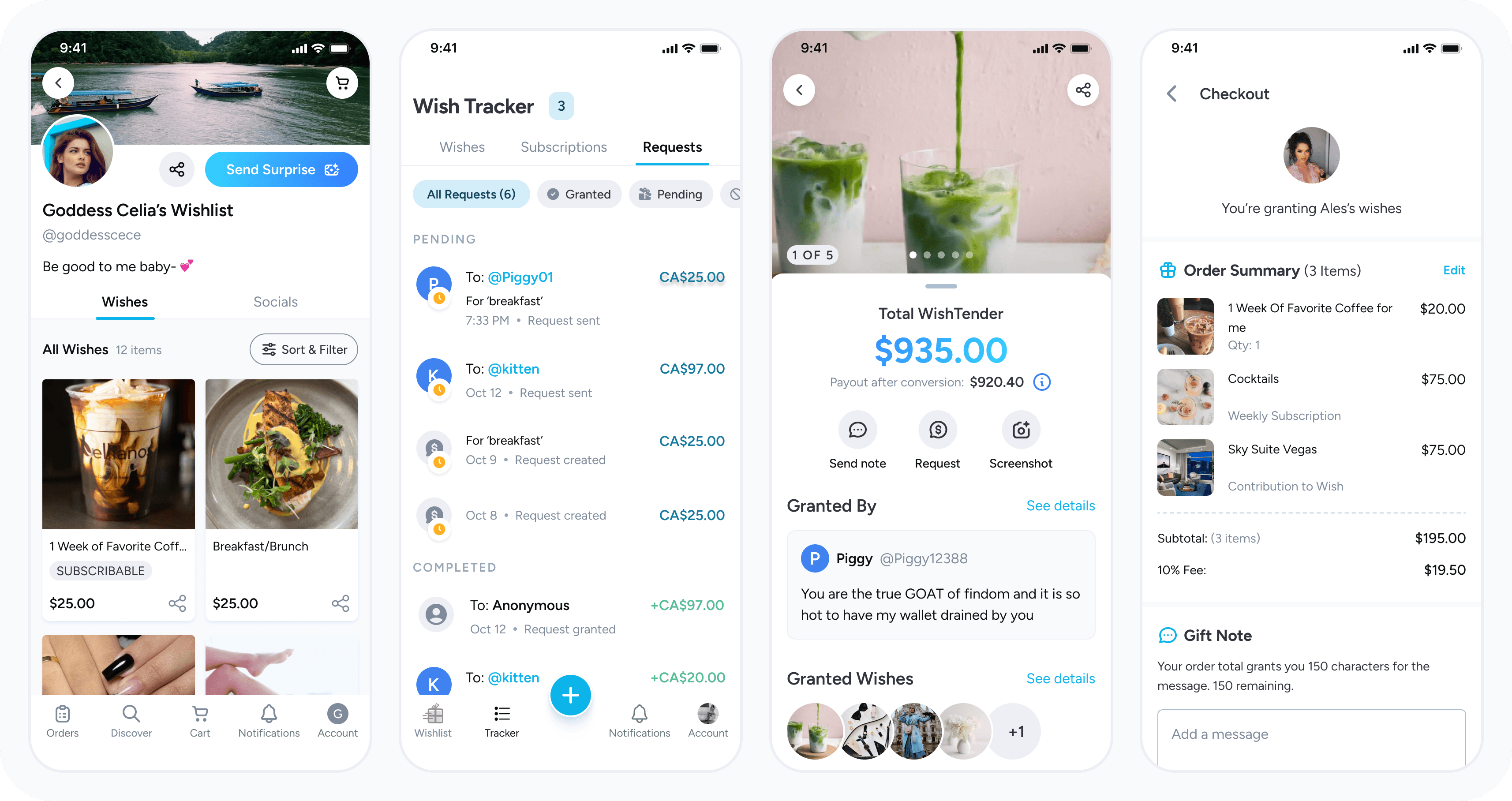 a collection of screenshots from the app, showing the wishlist screen, wish-tracker, wish details and checkout