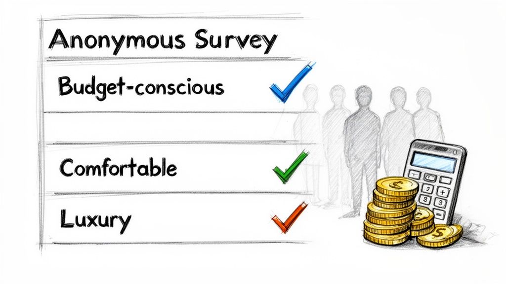 A checklist for an anonymous survey with options like Budget-conscious, Comfortable, and Luxury, next to a calculator and coins.