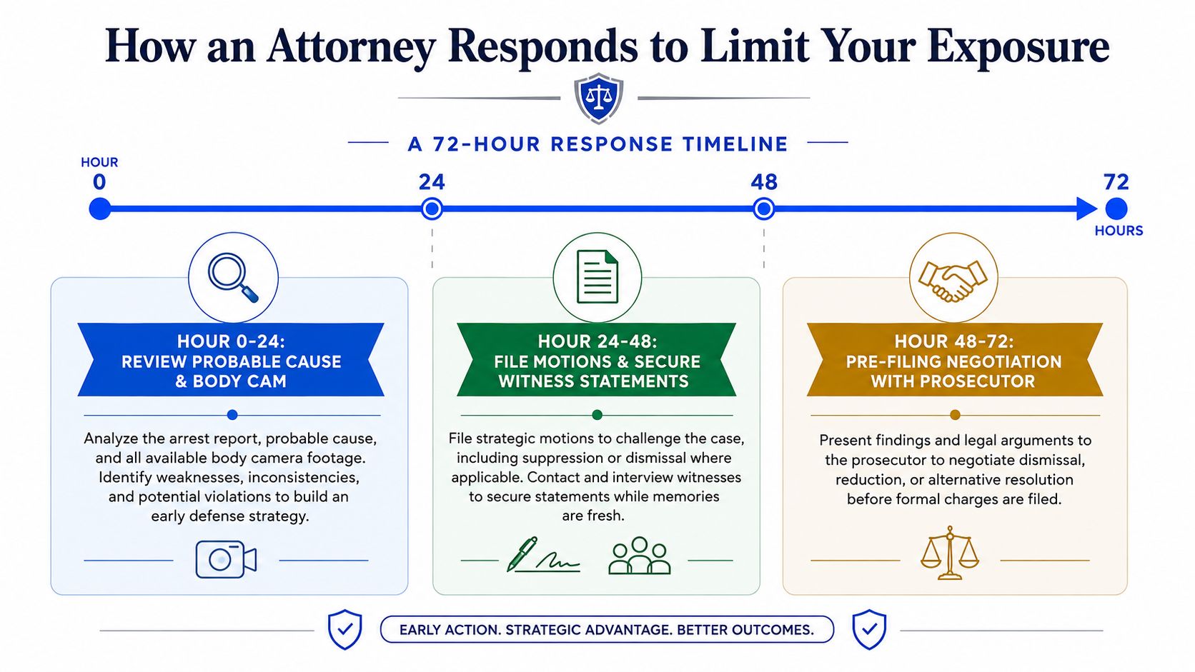 A 72-hour legal response timeline infographic detailing how attorneys handle defense cases for clients after arrest.