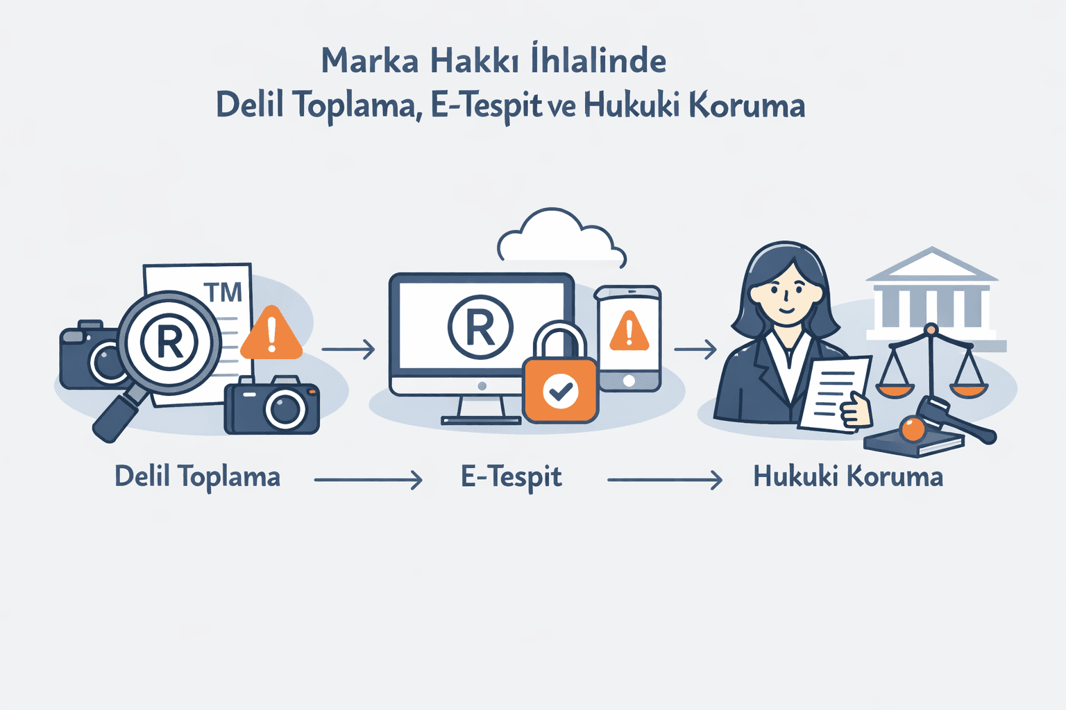 Marka hakkı ihlali halinde delil toplama, e-tespit ve hukuki koruma sürecini temsil eden görsel