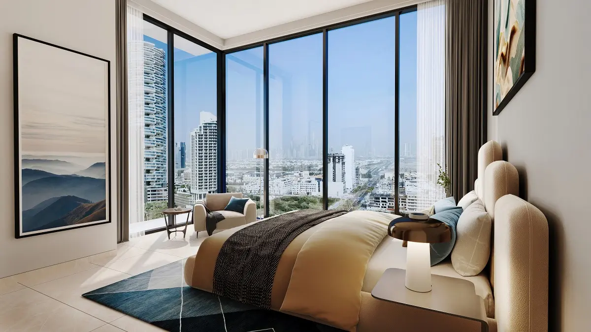 Well-appointed bedroom at Sapphire 32 Residences JVC: large windows, city view, stylish furniture, natural light.