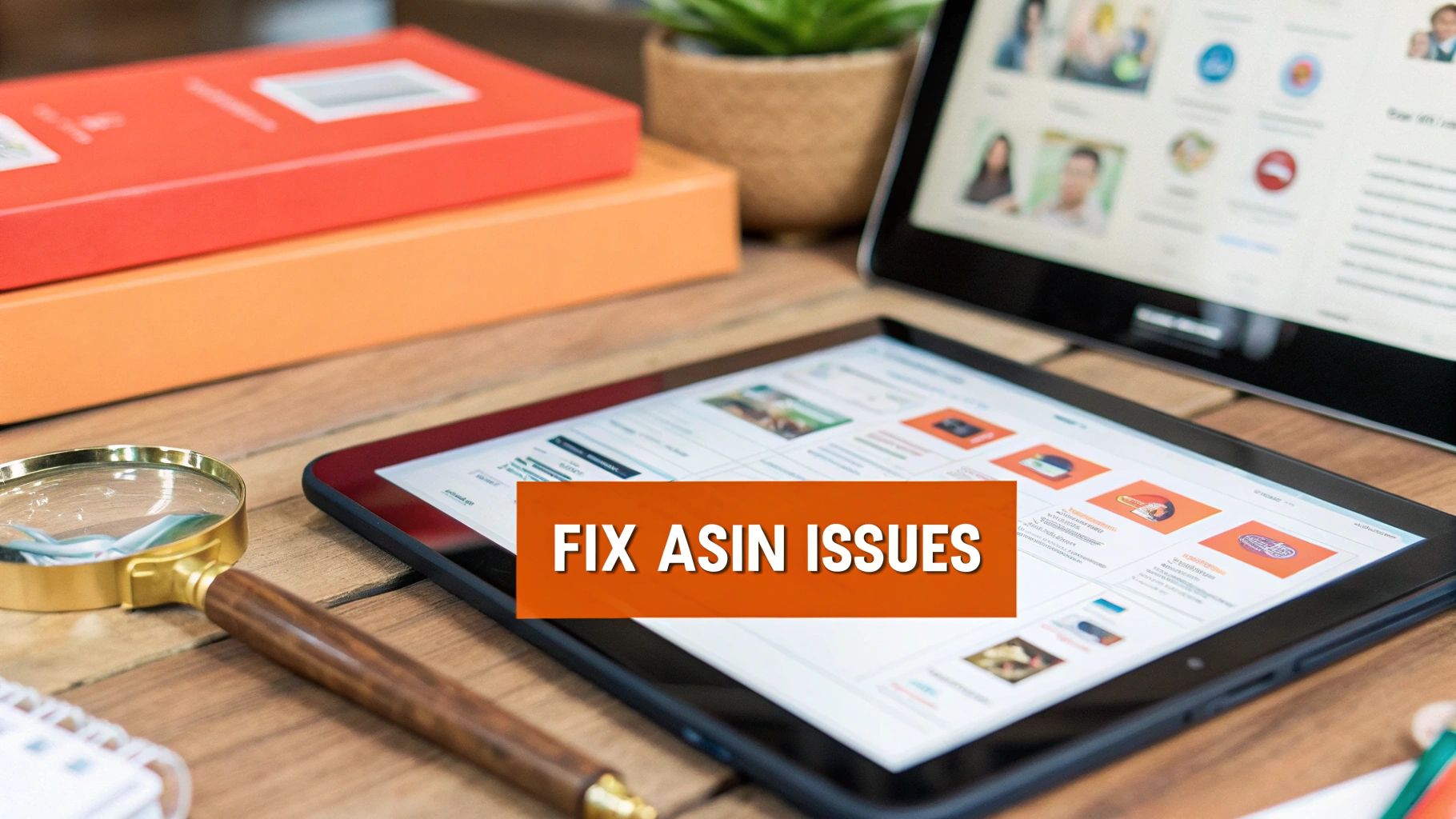 A tablet on a wooden desk displays a web interface, next to a magnifying glass and boxes. An orange banner reads 'FIX ASIN ISSUES'.