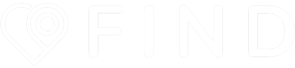 Logo image featuring the word "FIND" in bold, white text with a heart-shaped location pin icon integrated into the letter "F" on a transparent background.