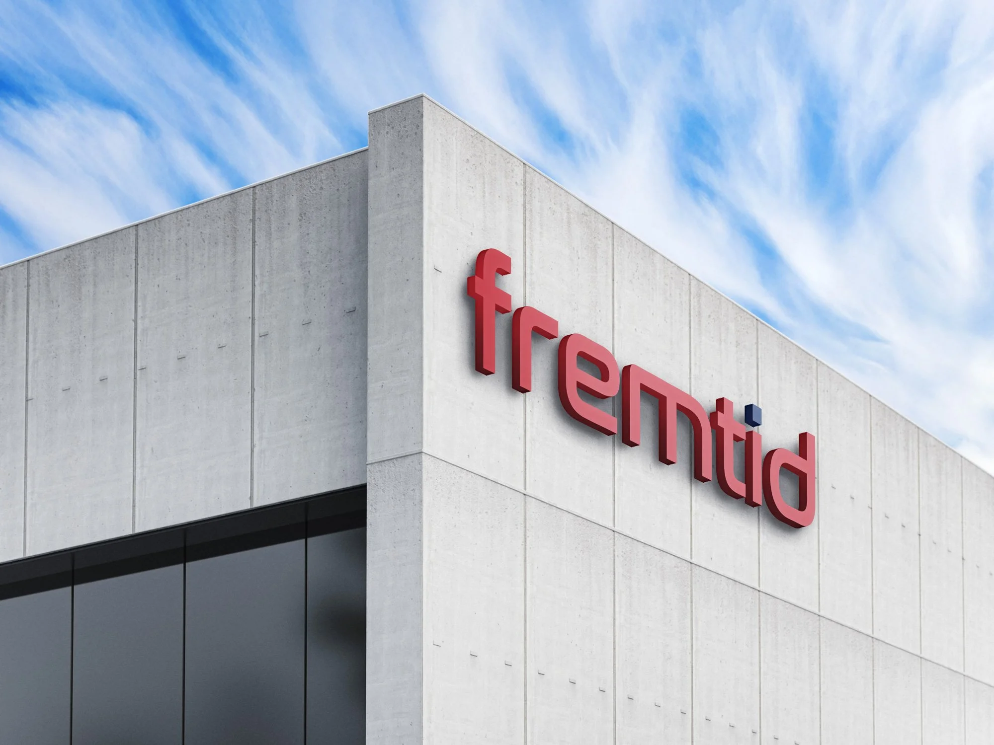 Zu sehen ist ein Rendering eines Bürogebäudes, das beispielhaft zeigt, wie die Logobeschriftung der fremtid GmbH an der Gebäudefassade aussehen könnte. Die Visualisierung vermittelt einen Eindruck der möglichen Platzierung und Wirkung des Logos.