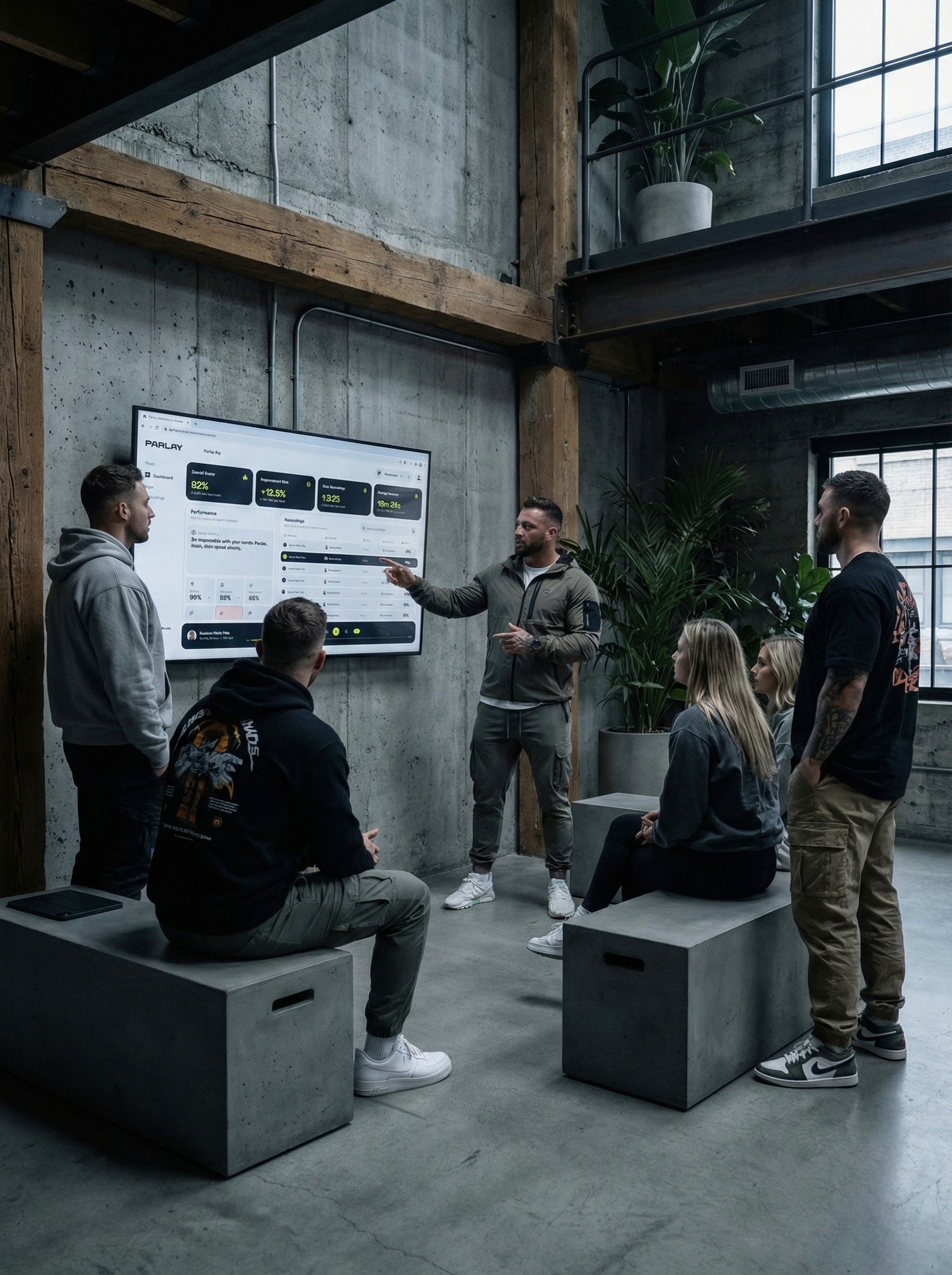 Sales team reviewing Parlay AI generated sales feedback and insights in a concrete meeting room