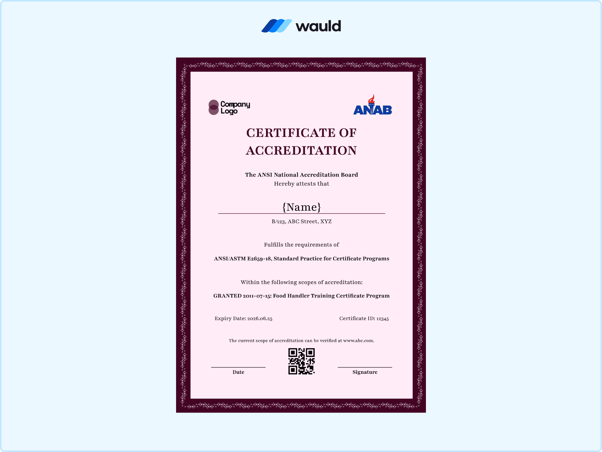 Soft pink bordered certificate of accreditation template with recipient name field, accrediting board details, standard practice reference, granted scope, certificate ID, expiry date, QR code, and signature line