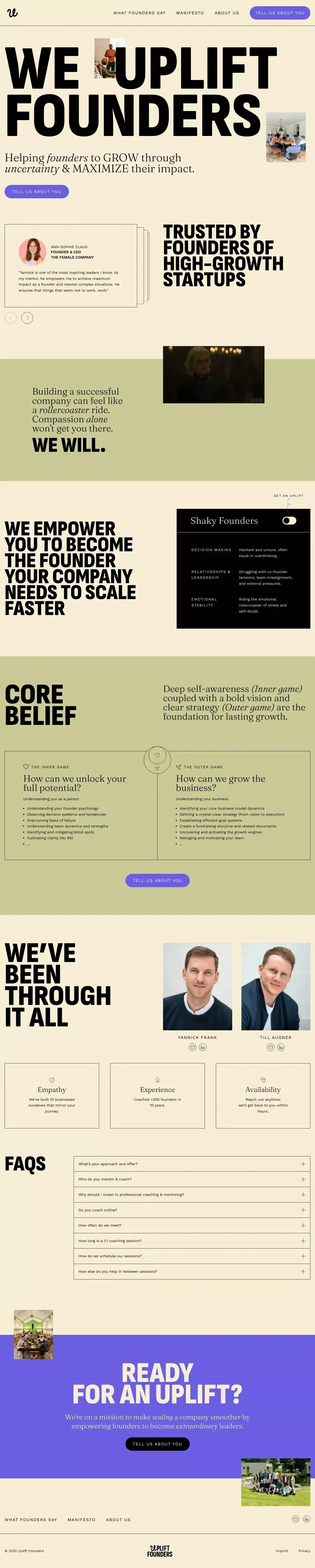 Uplift Founders - Coaching & Mentoring f landing page screenshot showcasing Education design