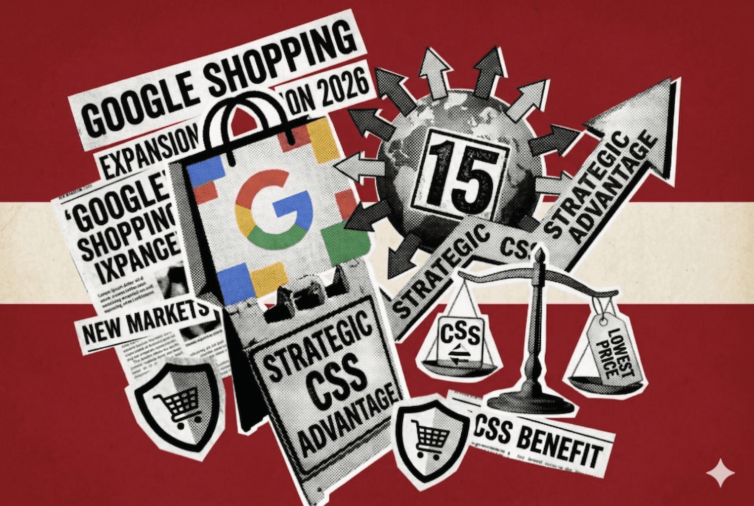 Google Shopping will be available in Latvia. The picture shows the Latvian Flag and the advantages of Google CSS.