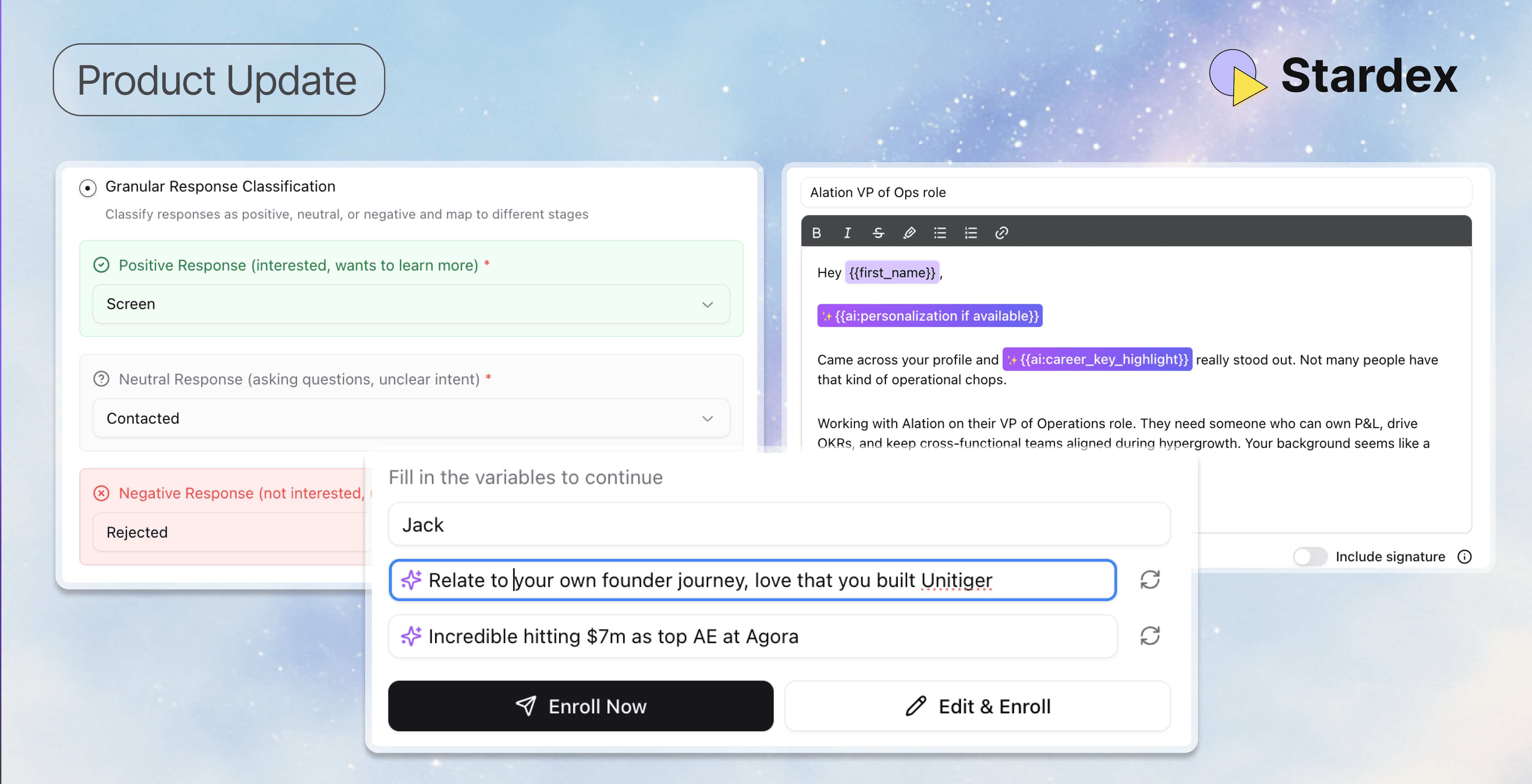 stardex ai product update | AI message personalization, suggested next steps, stage updates on message intent Inbox feature