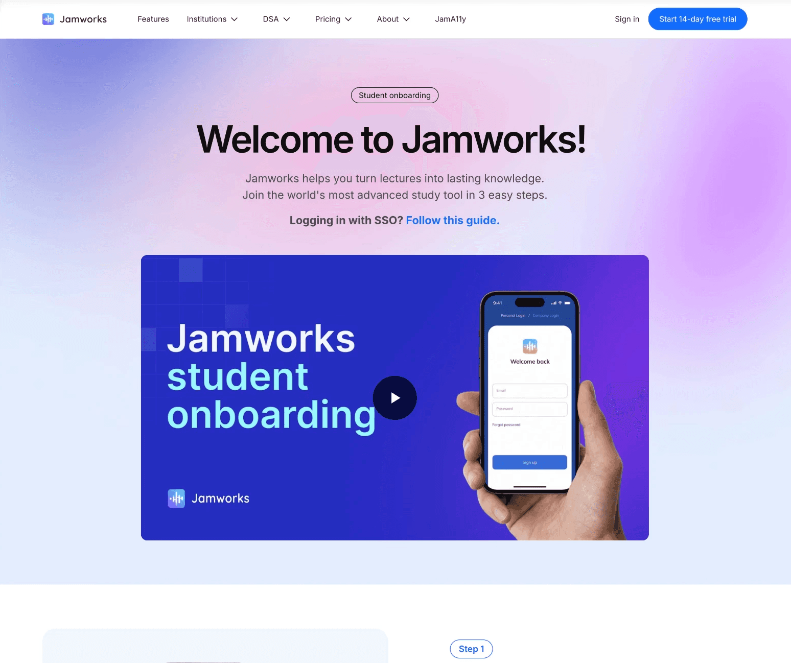 Screenshot of the hero section of the student onboarding page