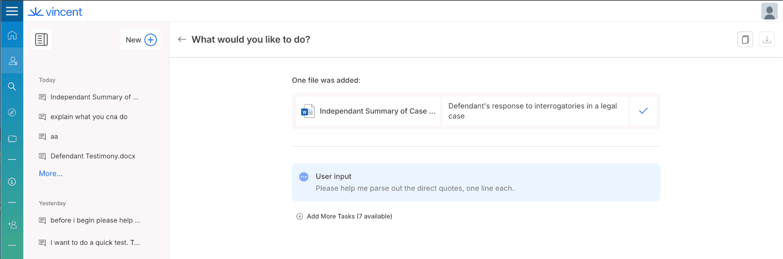 A user asks Vincent AI 'Please help me parse out the direct quotes, one line each.'