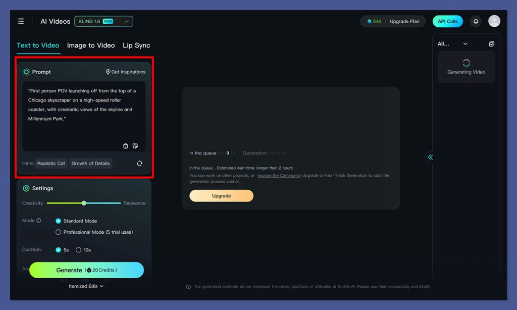 Kling AI text-to-video generation interface showing prompt input and settings