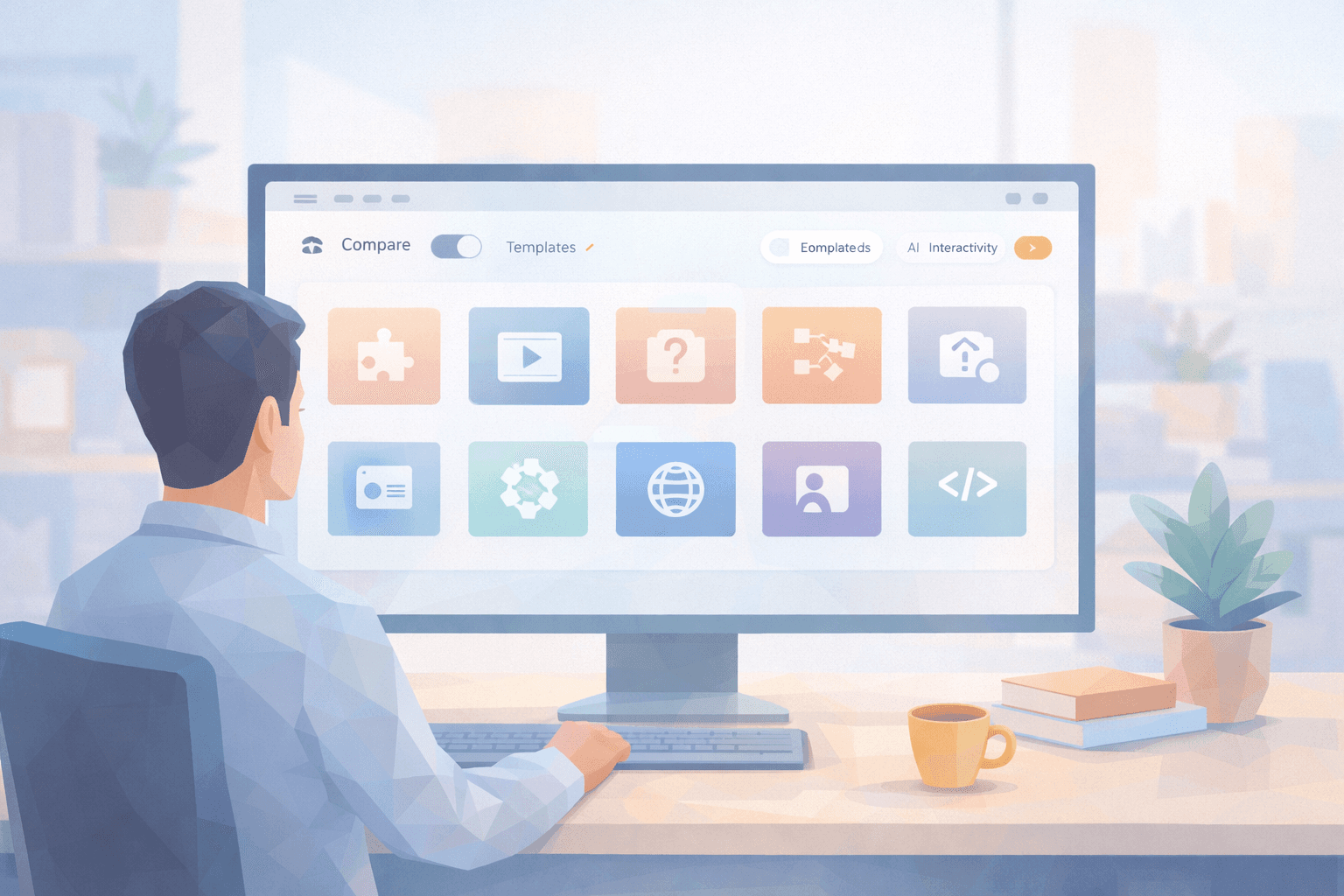 Low-poly illustration of a learning professional working at a desktop computer with a dashboard of eLearning authoring tool features, including templates, quizzes, branching, accessibility, and multimedia options in a modern digital workspace.