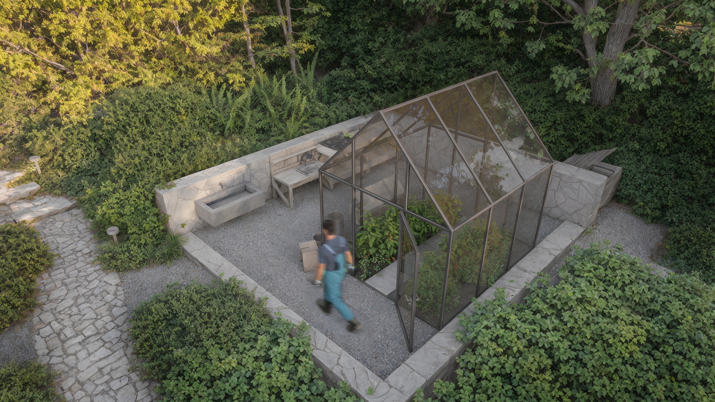 Greenhouse with person walking past outdoor sink