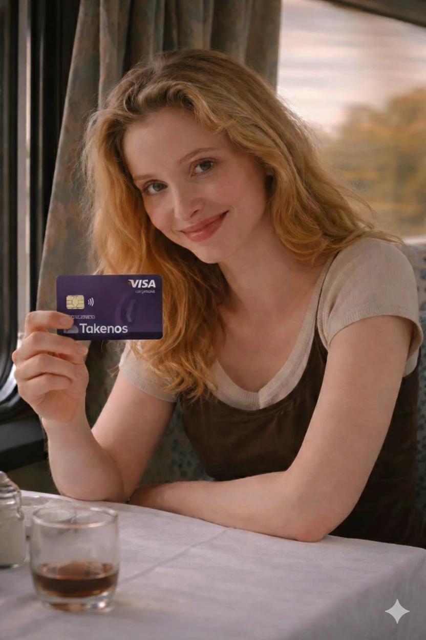 Una mujer sonríe sentada a la mesa de un vagón restaurante mientras sostiene la tarjeta Takenos, ideal para viajar por Europa en tren con total comodidad.