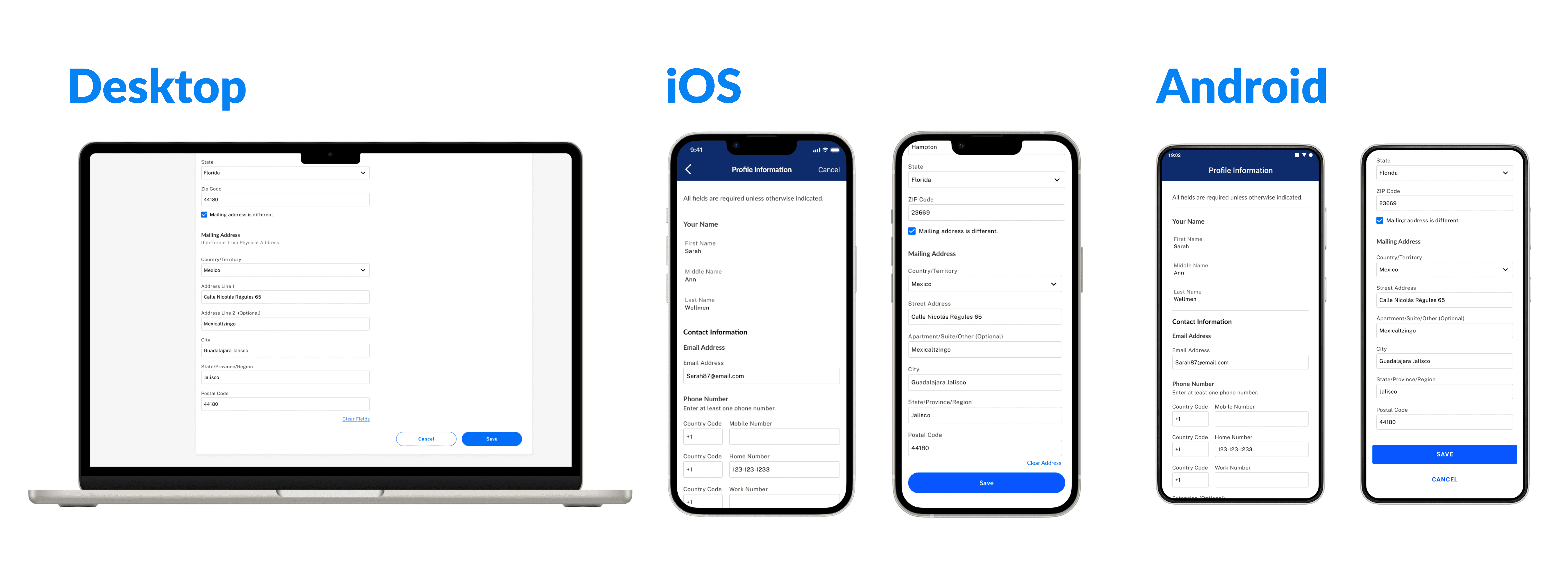 A mockup of the Online Mobile Banking design updates for Desktop, iOS, and Android breakpoints.