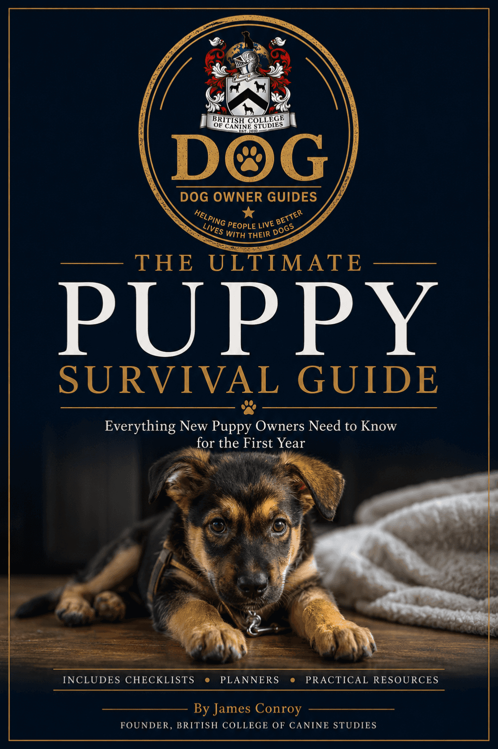 Ultimate Puppy Survival Guide book cover featuring a puppy and British College of Canine Studies branding.