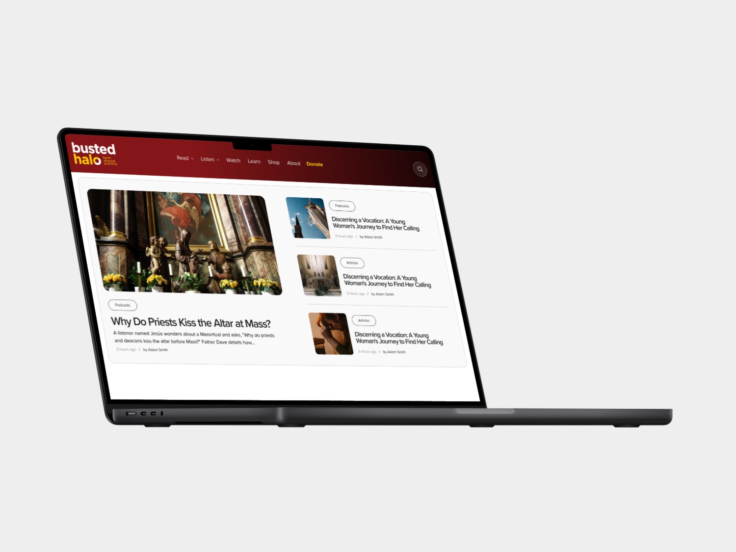 A laptop displaying a website homepage with images and sections for navigation on a light background.