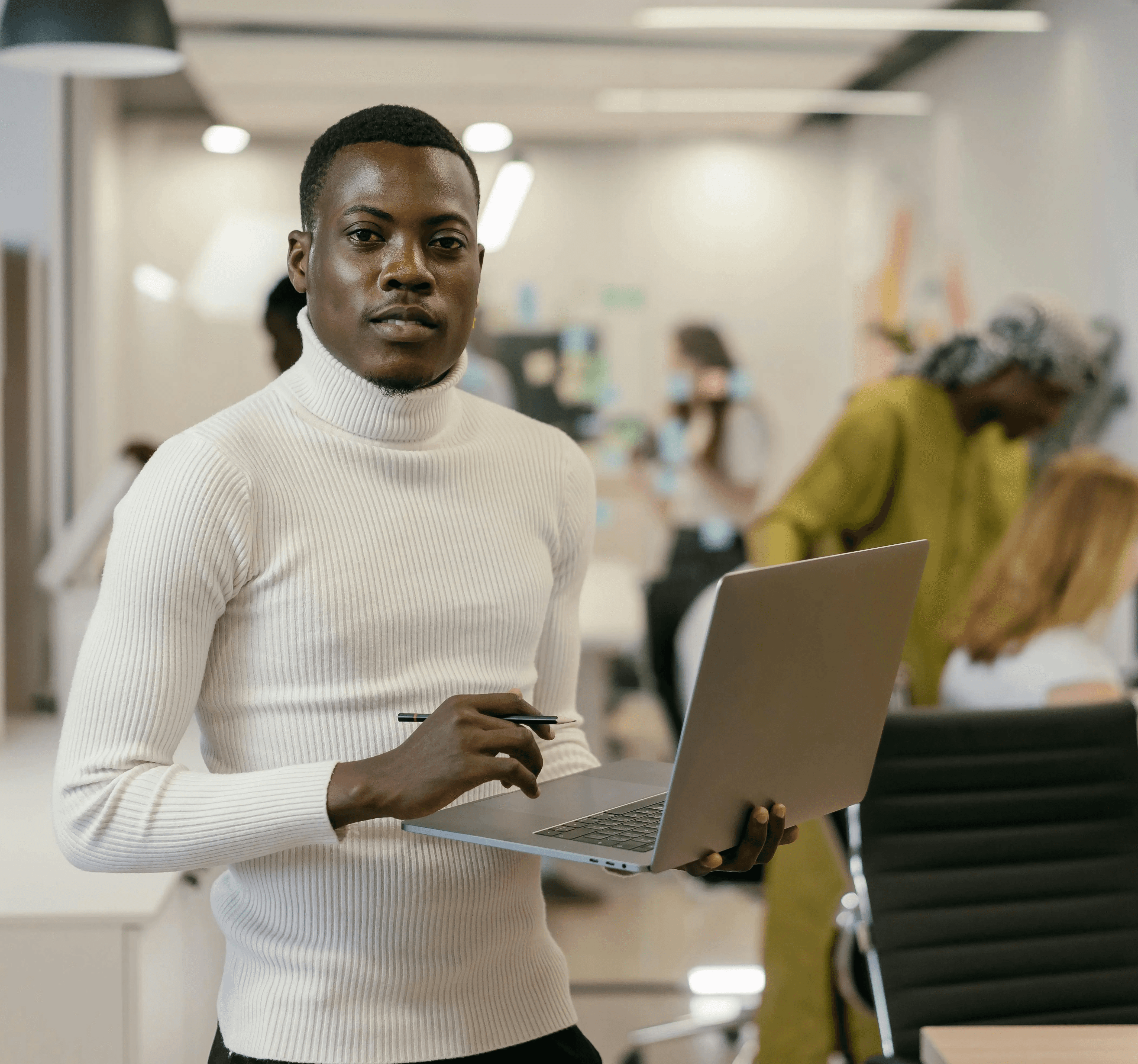 Expat professional working confidently in an international office environment in Germany