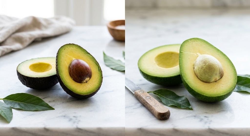 A side-by-side visual comparison of a halved Hass avocado with dark, pebbly skin and a larger, smooth-skinned Florida avocado on a marble surface. The distinct colors, textures, and seed sizes of each variety are clearly visible.