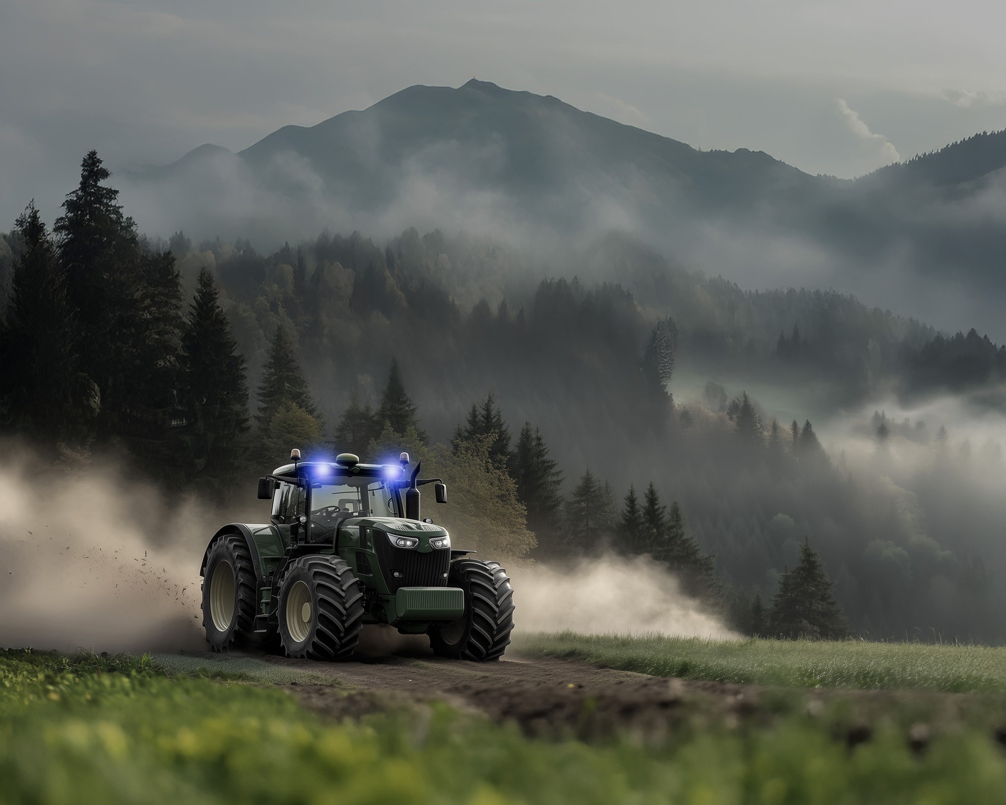 Tractor driving through a field with mountains in the background