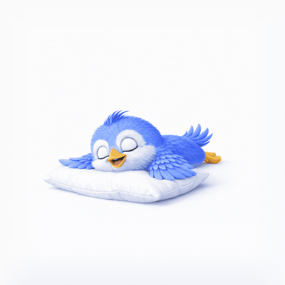 A blue bird sleeping peacefully on a white pillow with eyes closed.