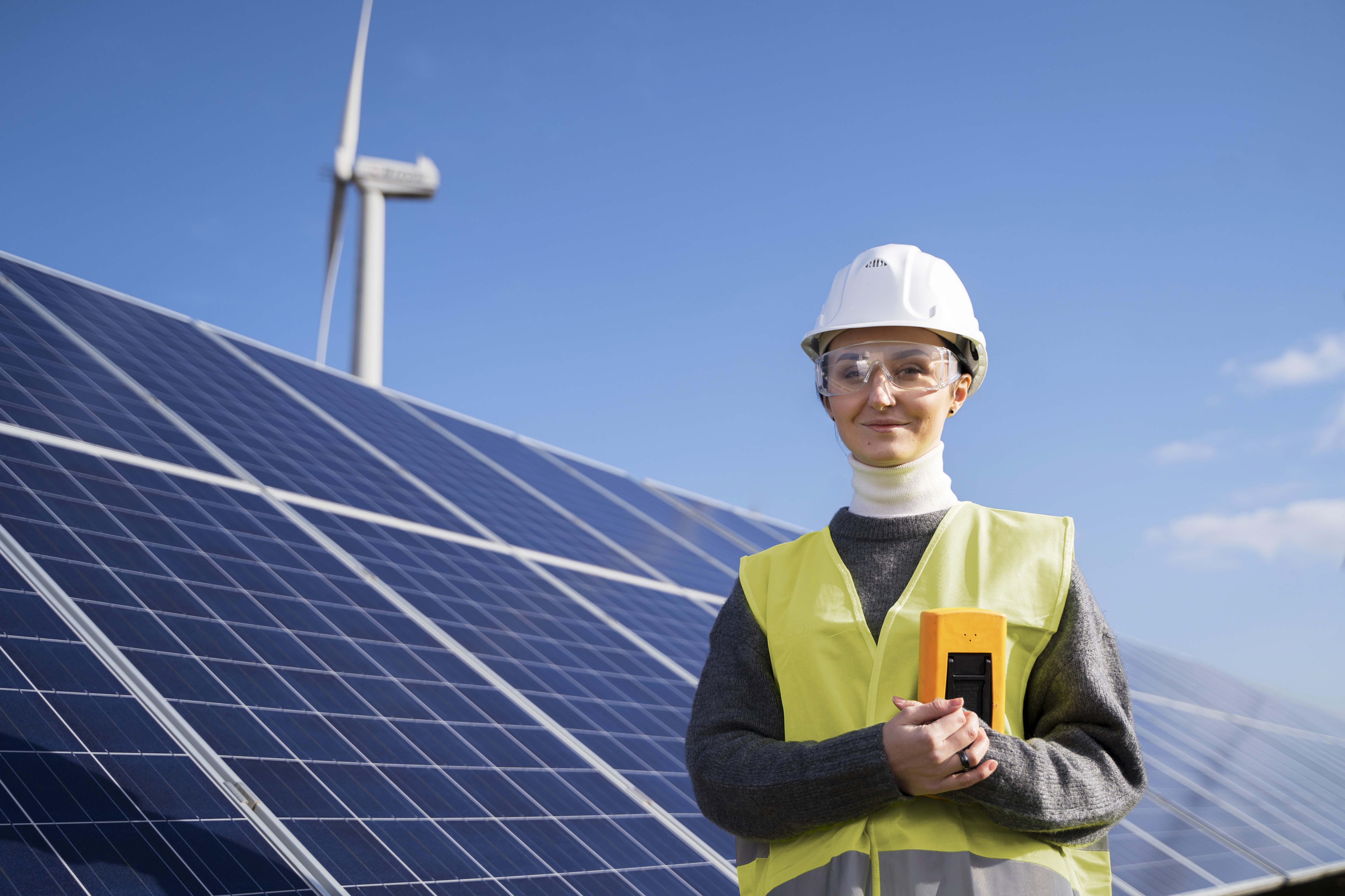 A worker in a hard hat and safety vest stands by solar panels with a wind turbine in the background, smiling.