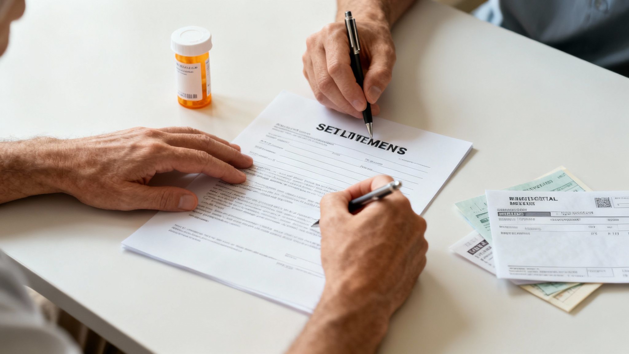 Two people reviewing and signing medical settlement documents with prescription bottle on table