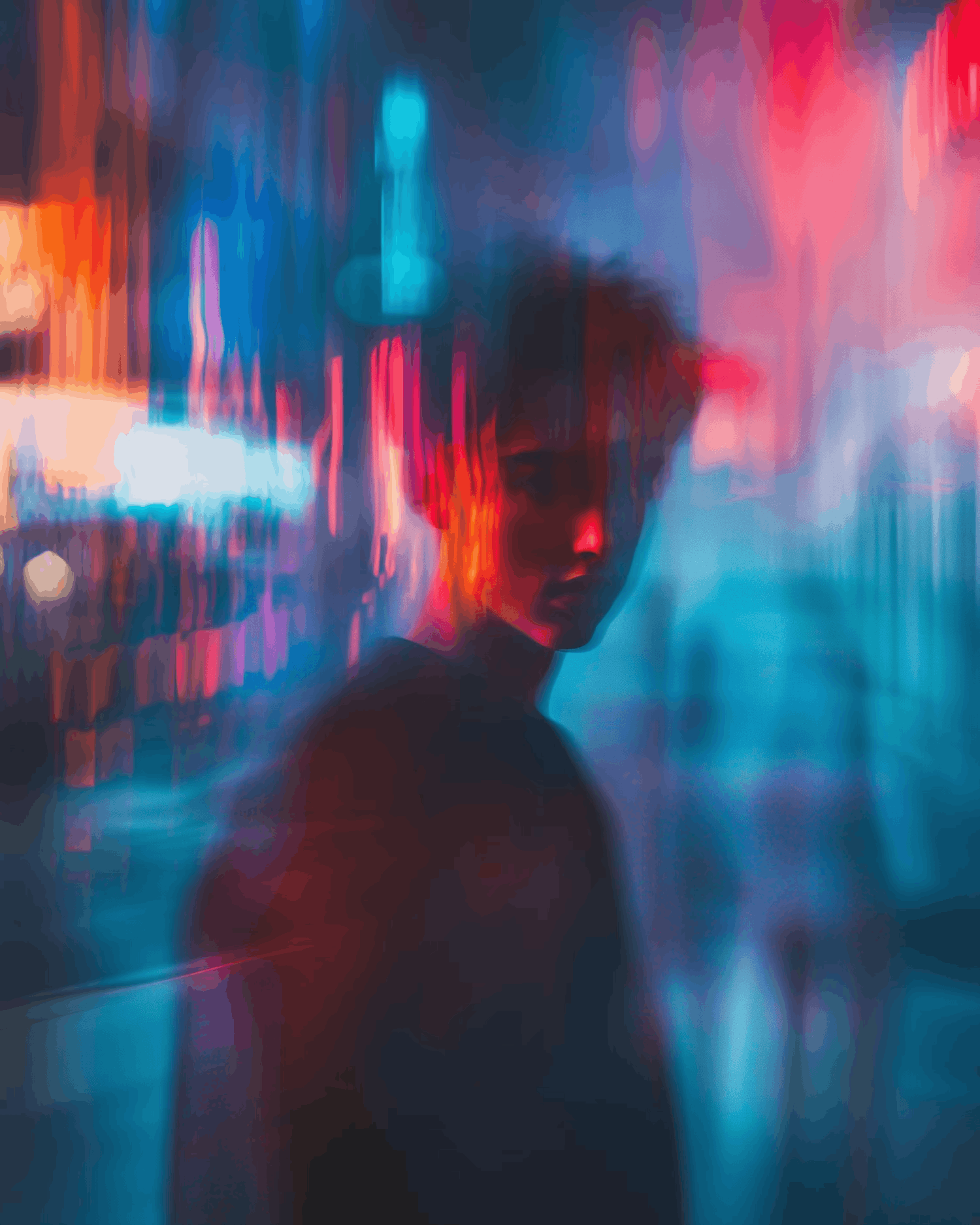 Silhouette portrait with vibrant neon red and blue lighting.