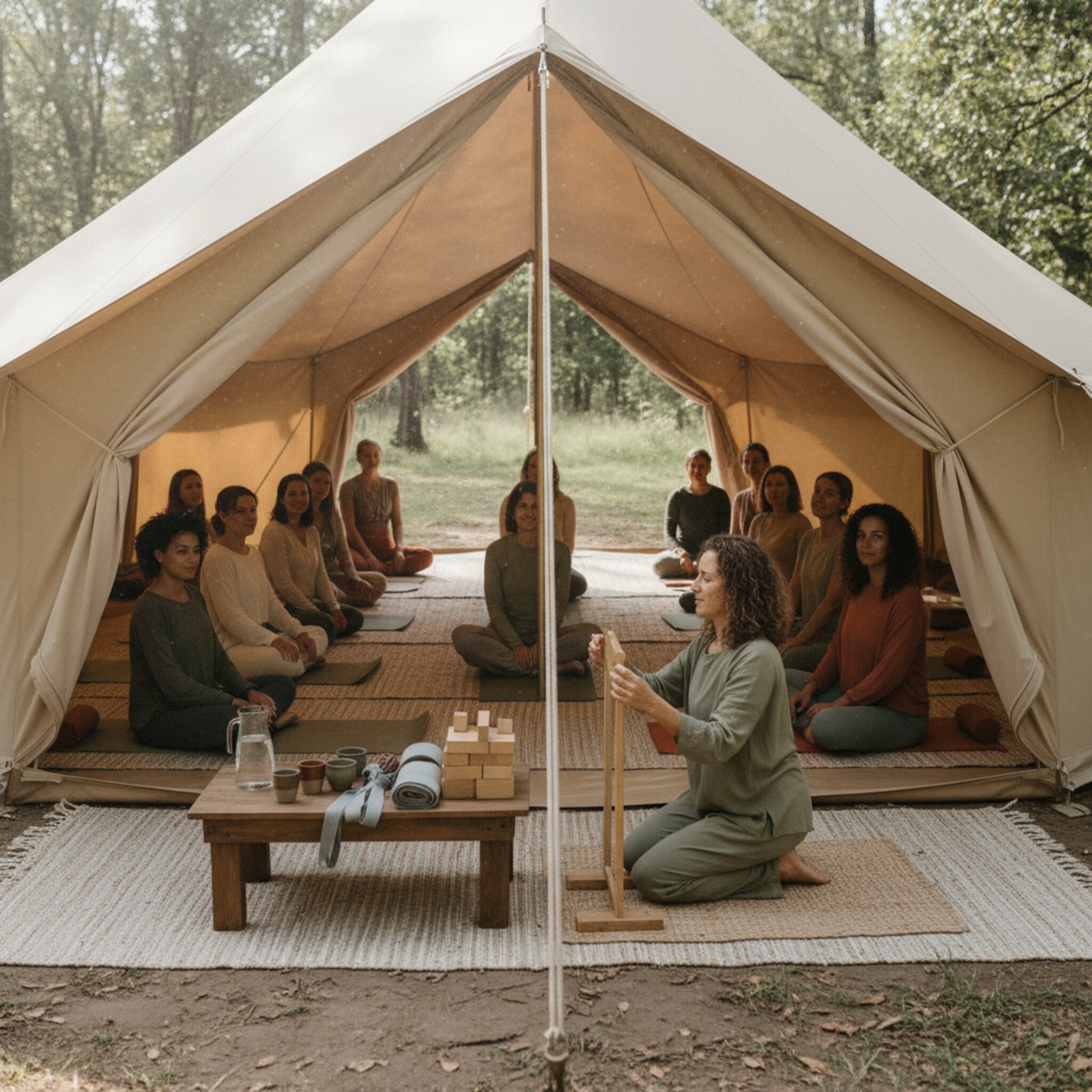 In einem offenen Zelt ordnen Teilnehmer Matten im Halbkreis, eine Person richtet sorgfältig einen Mikrofonständer aus. Sonnenlicht fällt durch das Segeltuch, Staubpartikel tanzen in der Luft. Ein Tisch mit Holzklötzen und Gurten steht bereit. Die Stimmung ist erwartungsvoll und konzentriert.