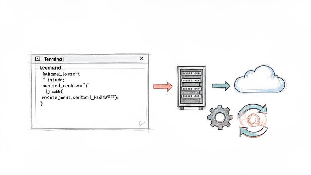 Diagram showing code in a terminal, processed by a server, sent to the cloud, with operations and synchronization.