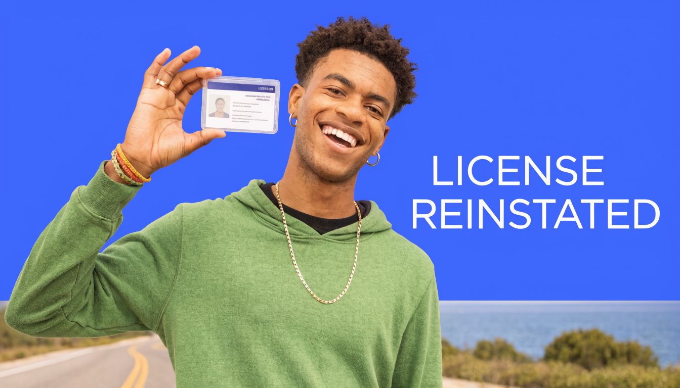 A happy young man holding up a license card with a blue background and scenic coastal view.