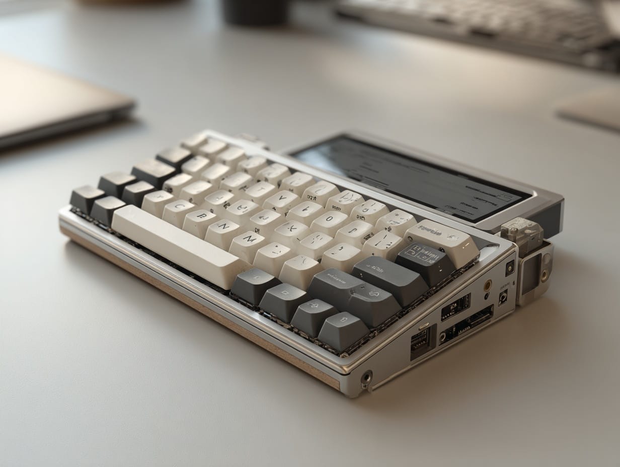 A clean product shot of a compact writing device with a full-sized keyboard and small flip-up display on a minimalist desk.