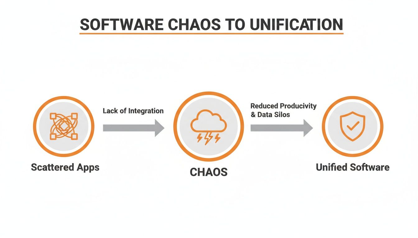 Diagram illustrating the journey from scattered apps and lack of integration leading to chaos, then to unified software.