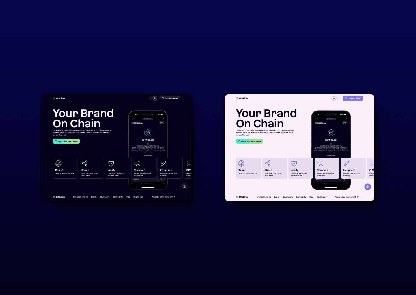 SNS links homepage design in dark and light mode