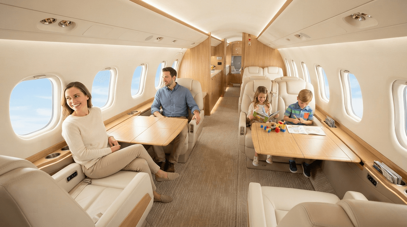Midsize private jet cabin interior — suited to family Seoul–Guam trips