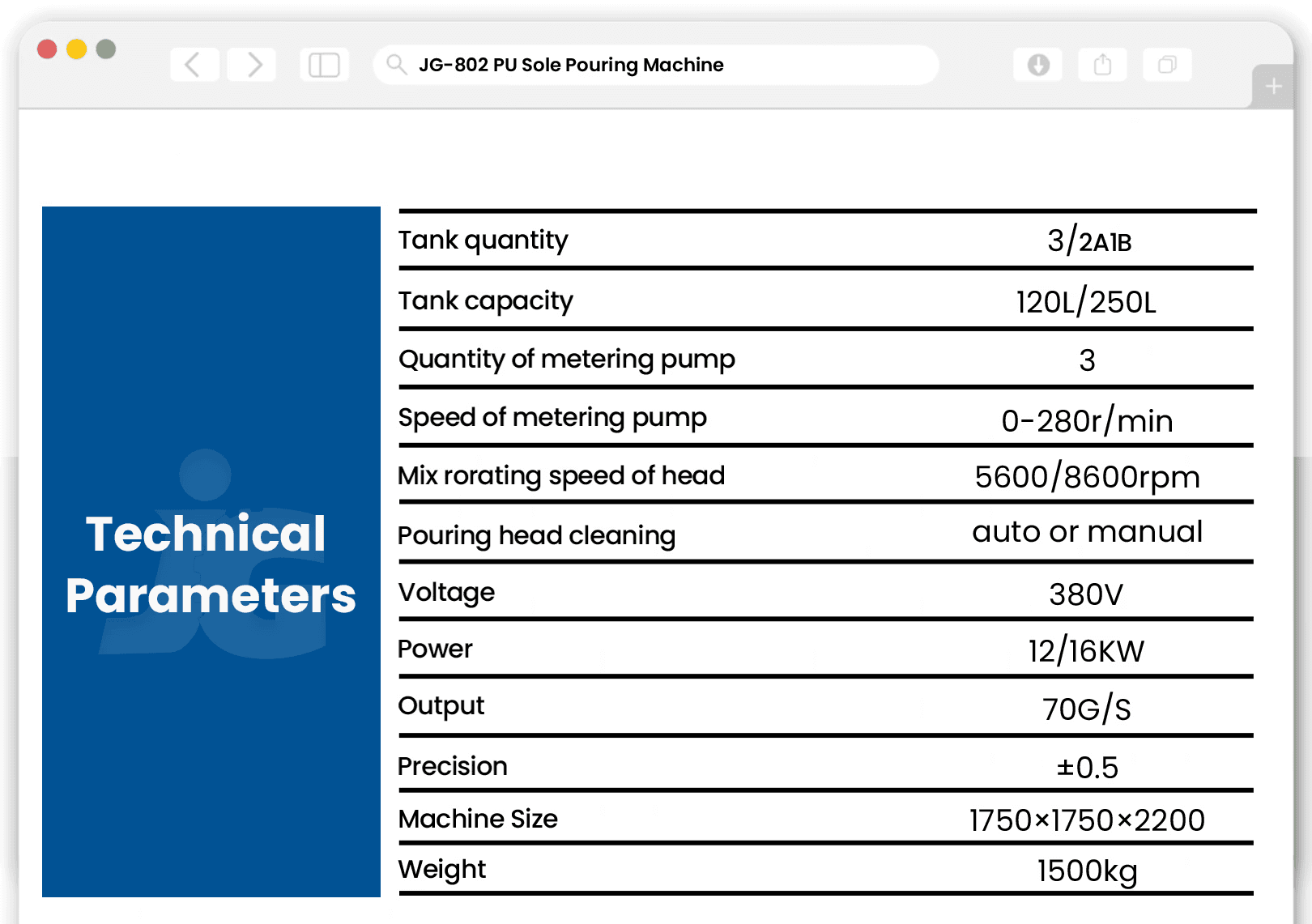 JG-802 machine dimension drawing and specifications
