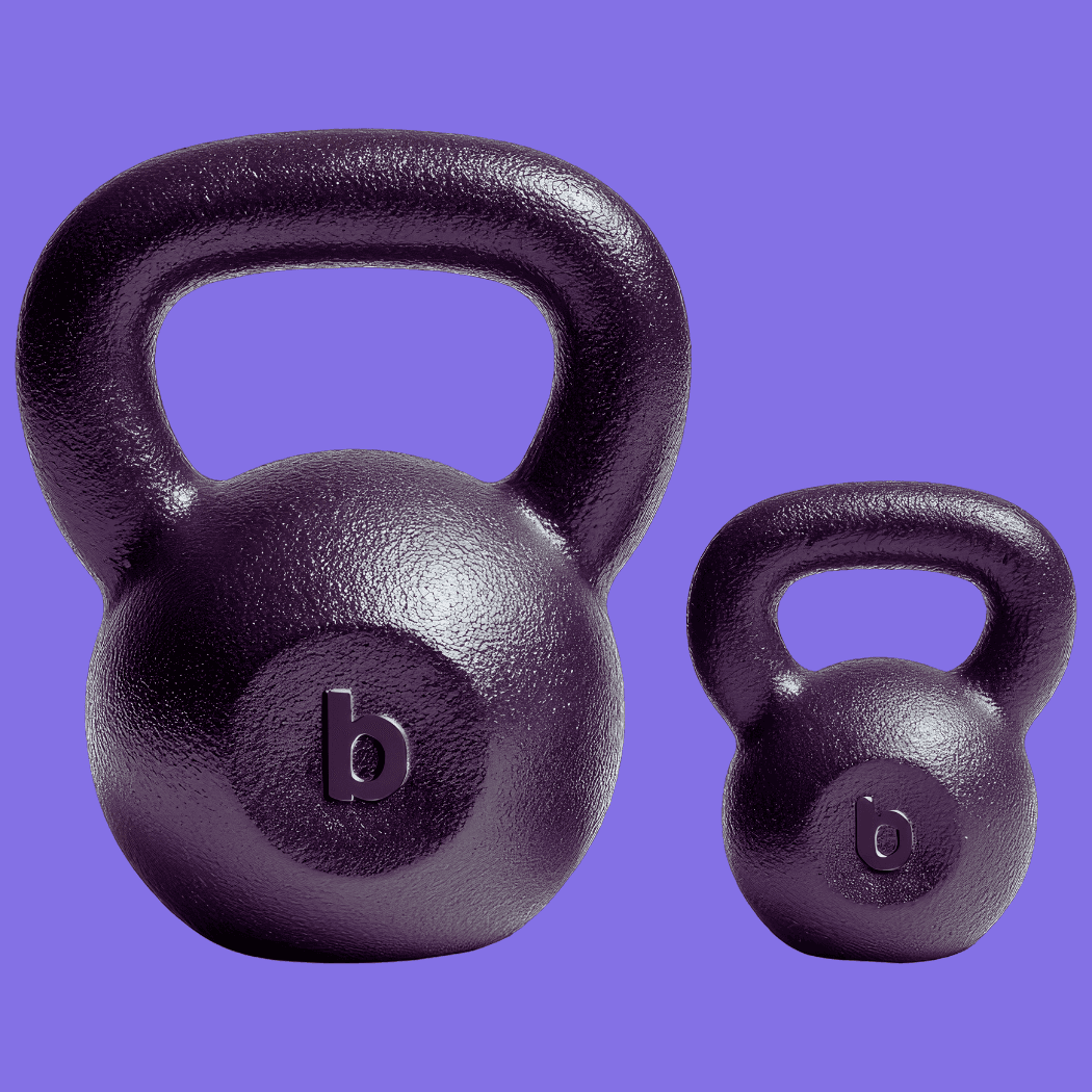 Two kettlebells of different sizes against a purple background, symbolising heavy vs lightweight clinical trial technology and highlighting the efficiency of low-burden tools.