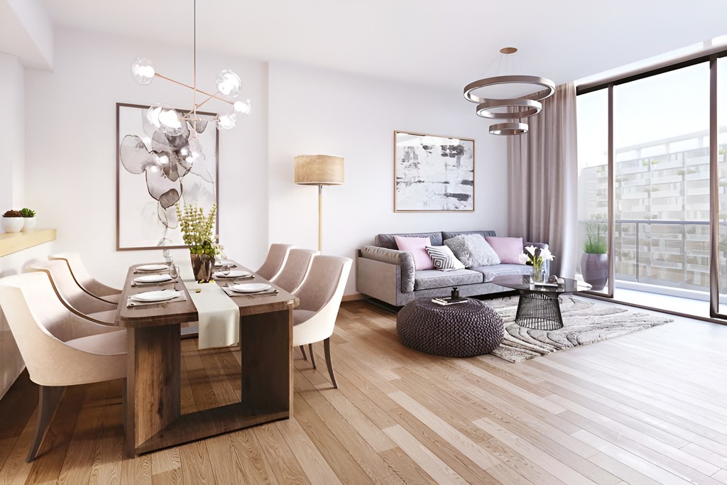 Chic living room and dining space in Azizi Mirage, featuring modern aesthetics and a harmonious open design.