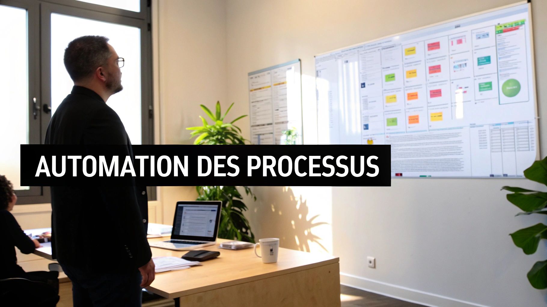 Un homme en costume regarde un grand tableau blanc affichant des graphiques et des notes colorées, avec le texte