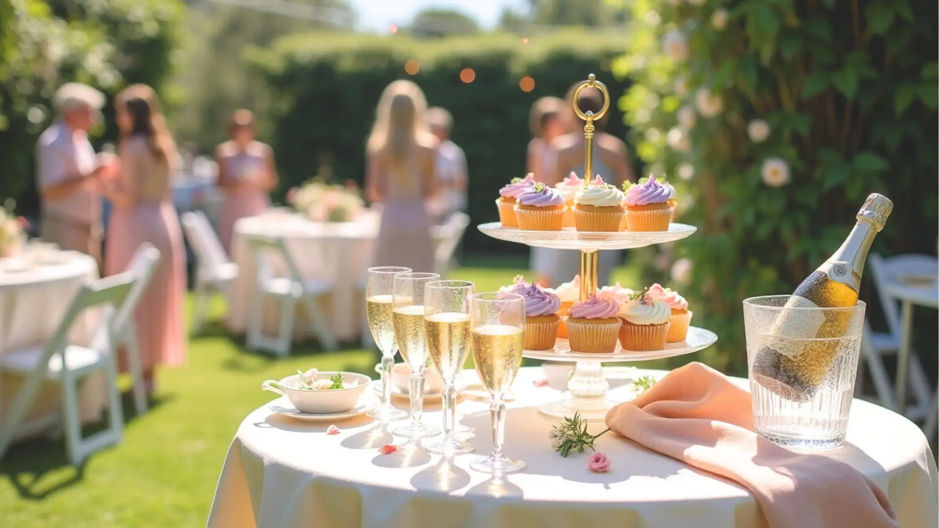 Outdoor wedding reception table with cupcakes, champagne glasses, and chilled bottle, set in a garden with guests mingling in the background.