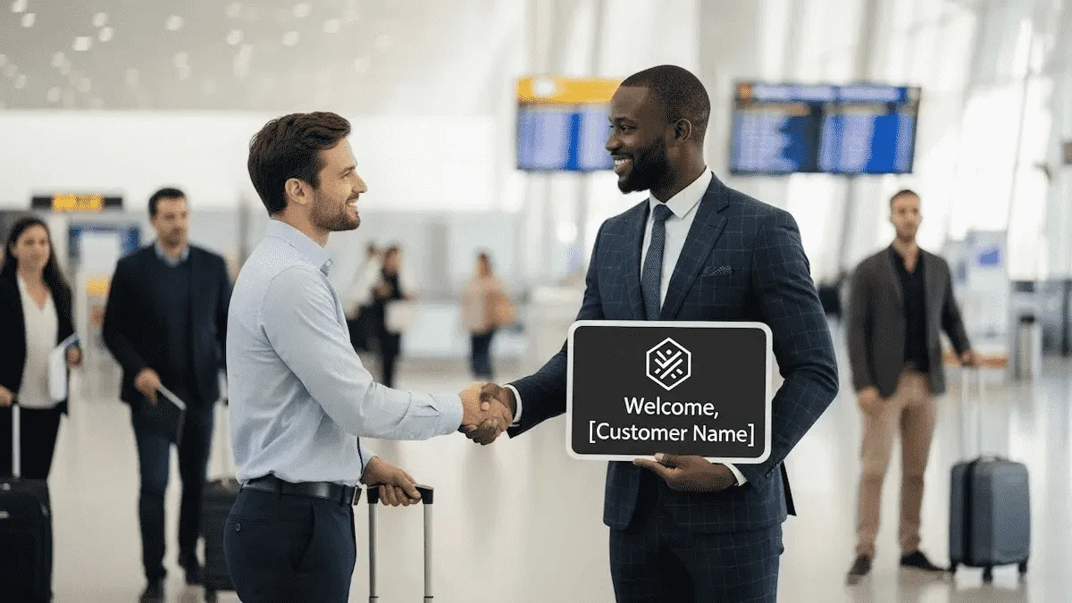 Guide greeting a traveler with a personalized BookAfrica airport sign.