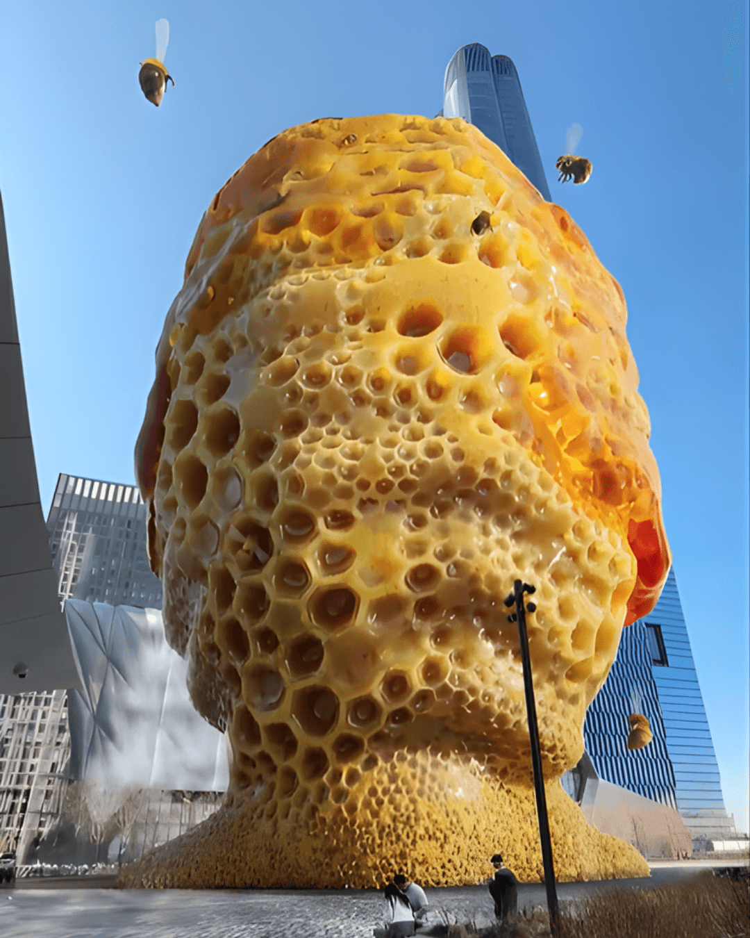 A cinematic final render shows the giant, glowing honeycomb head in the plaza with honeybees flying around it