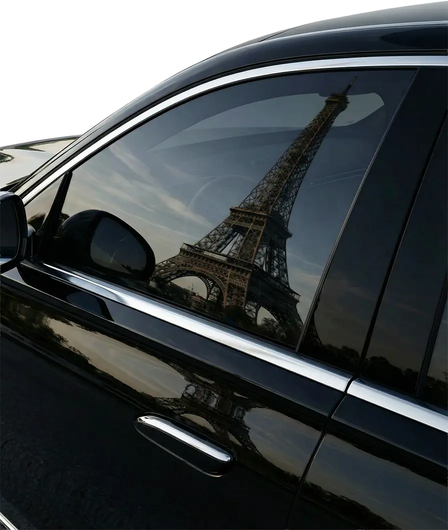 Chauffeur privé discret passant devant la Tour Eiffel pour une visite de Paris personnalisée