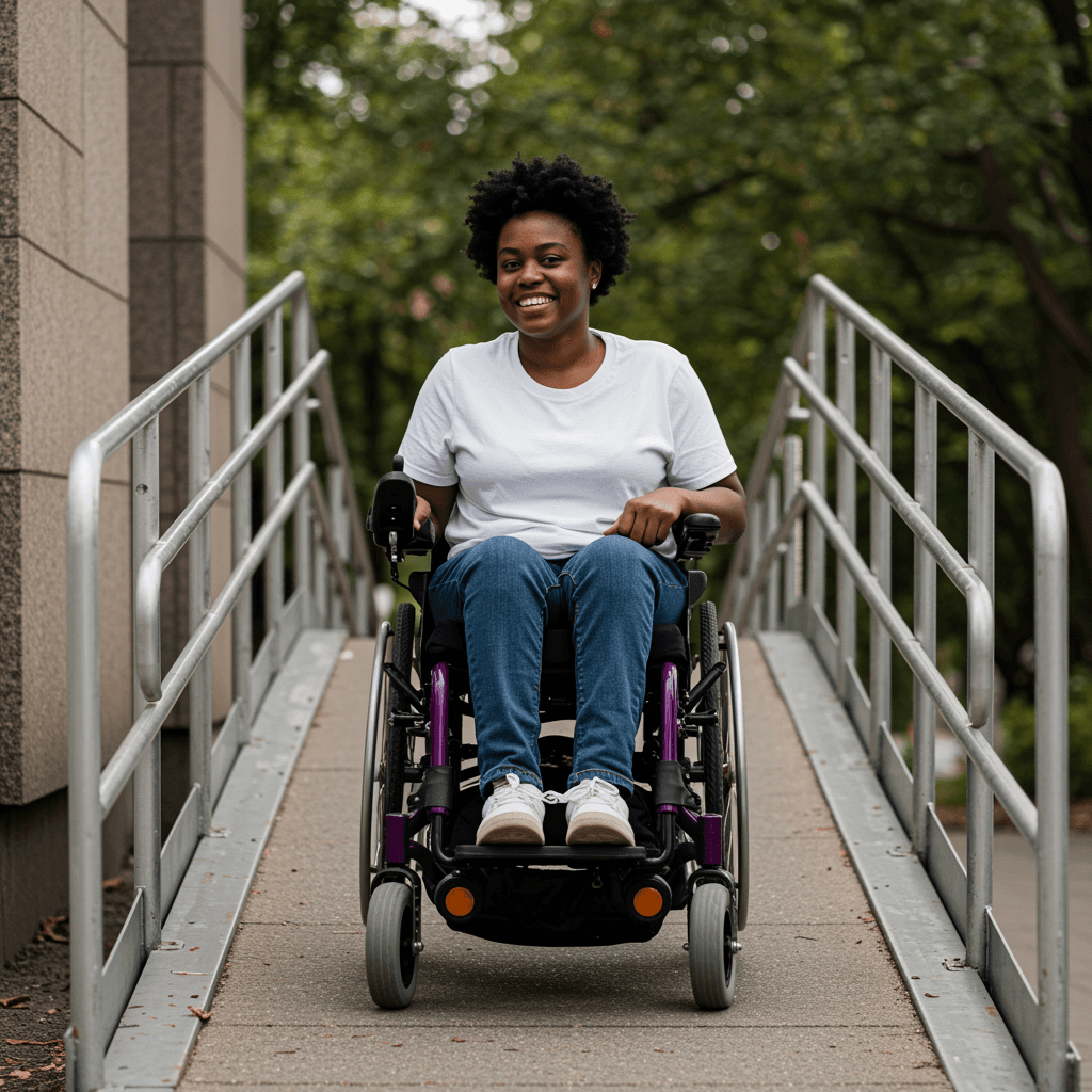 Smiling woman using a manual wheelchair on an accessible ramp outside a building