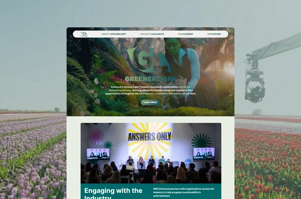GreenerLight website design for Universal’s green filmmaking initiative, featuring a UI mockup over a field of tulips and a 'Wicked' film set camera rig.
