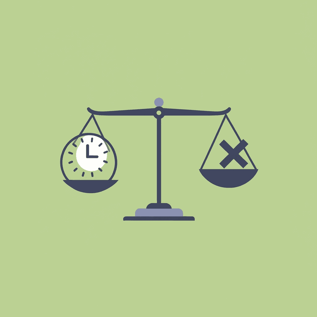 Balance scale showing the trade-off between hesitation time and missed exam questions