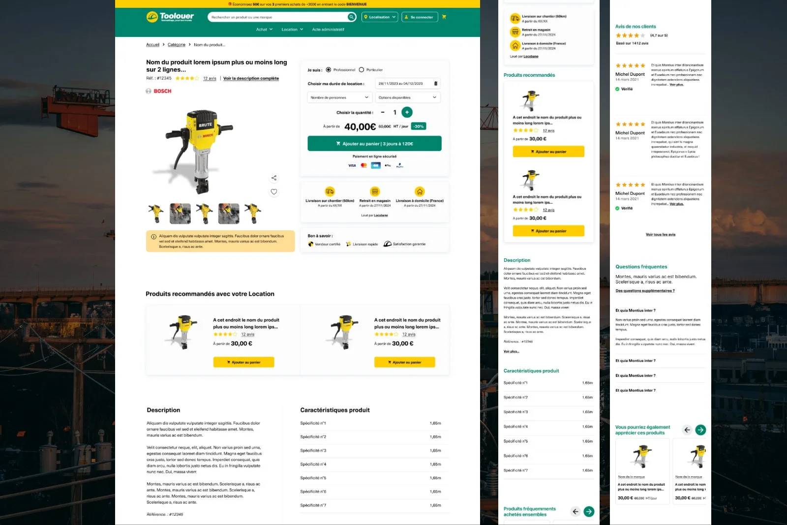 Refonte de la fiche produit Toolouer avec calendrier de location, tarifs dégressifs, avis clients et produits recommandés